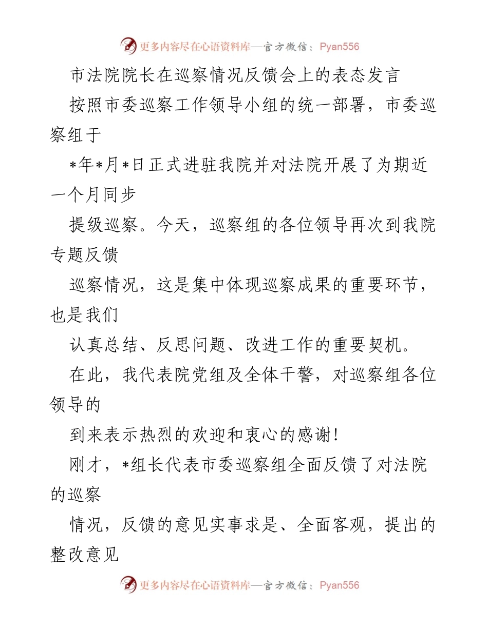 [发言] 巡察情况反馈会 - 法院院长对巡察反馈的表态与整改承诺.docx_第1页