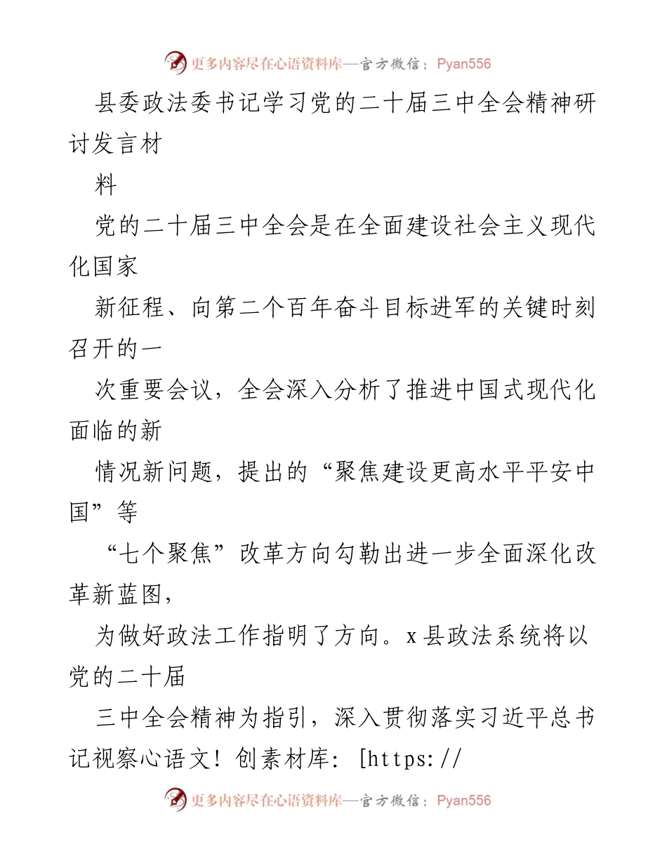 [发言] 学习研讨 - 深入贯彻党的二十届三中全会精神，推动政法工作高质量发展.docx_第1页