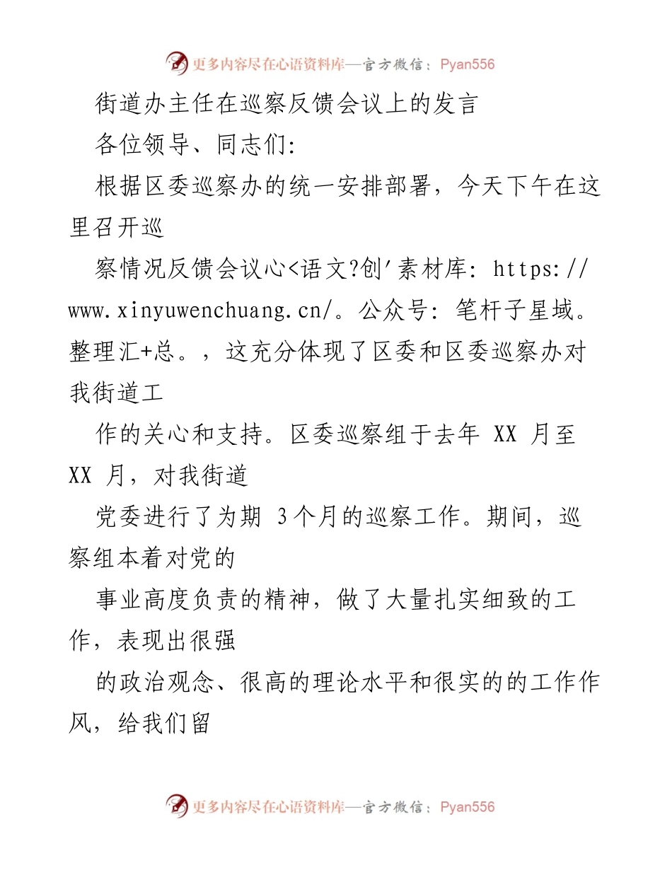 [发言] 巡察反馈会议 - 街道办主任发言：全力整改巡察反馈问题.docx_第1页