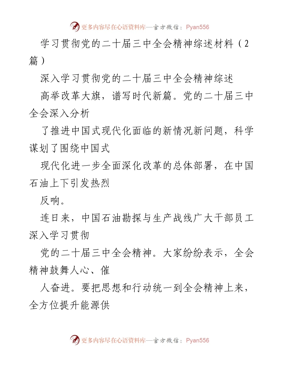 [发言] 学习贯彻党的二十届三中全会精神 - 深入学习全会精神，推动中国石油高质量发展.docx_第1页