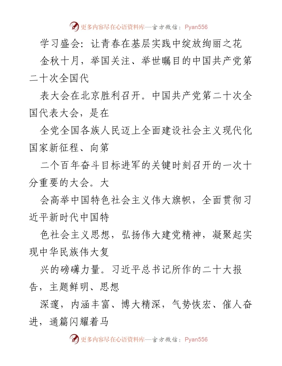 [发言] 学习盛会 - 青春绽放：在基层实践中追随党的步伐.docx_第1页
