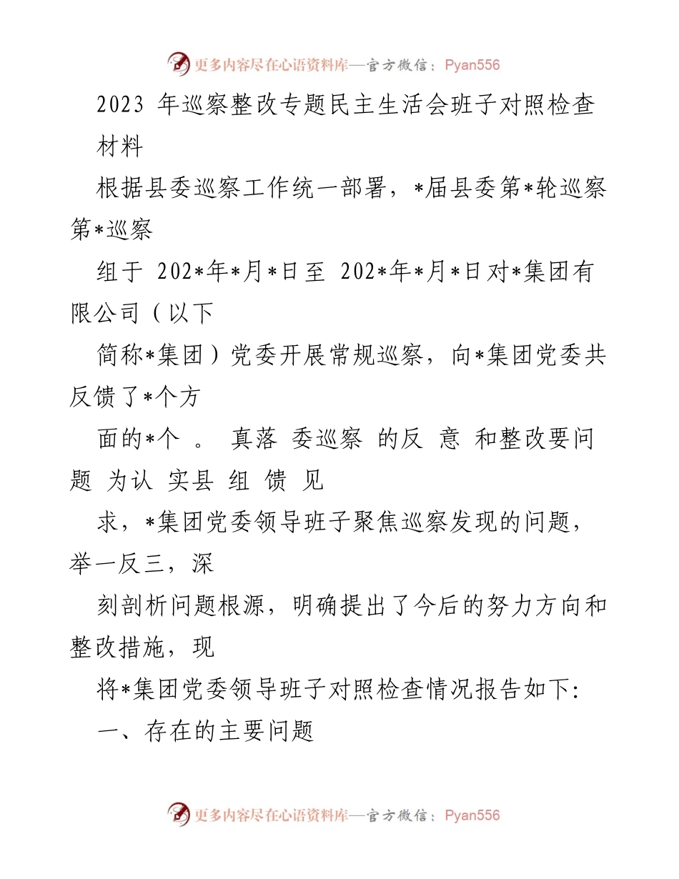 [发言] 巡察整改专题民主生活会 - 2023年巡察整改专题民主生活会班子对照检查报告.docx_第1页