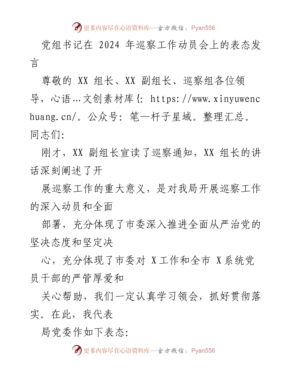 [发言] 巡察工作动员会 - 党组书记在巡察工作动员会上的表态发言.docx_第1页
