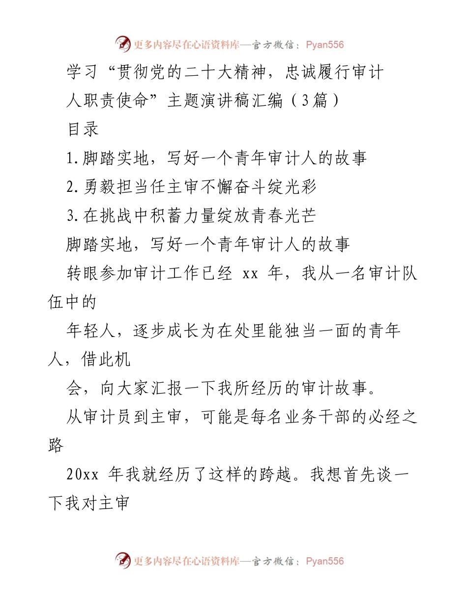 [发言] 学习贯彻党的二十大精神主题活动 - 青年审计人的成长与责任使命.docx_第1页