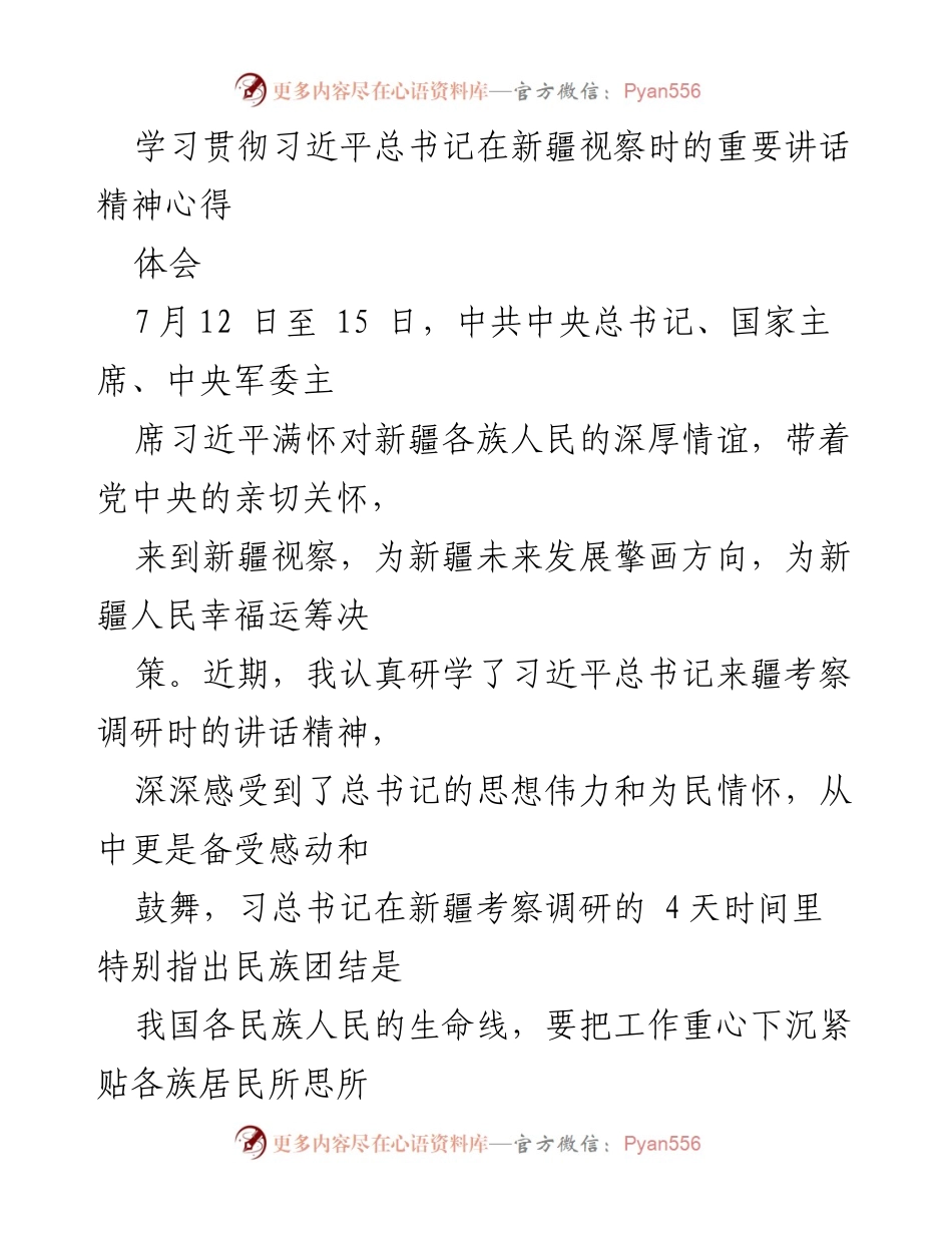 [发言] 学习交流 - 学习贯彻习近平总书记在新疆视察讲话精神的心得体会.docx_第1页