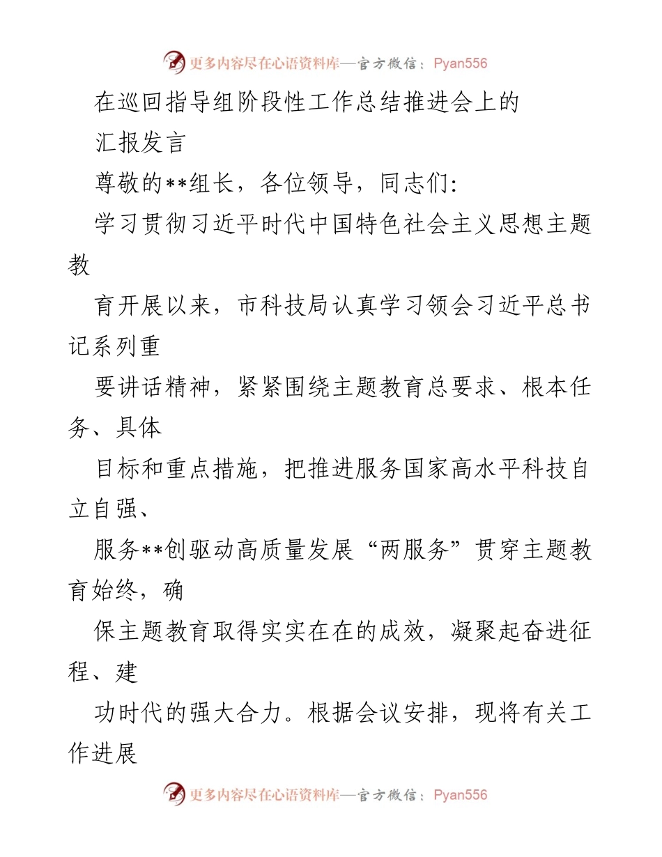 [发言] 巡回指导组阶段性工作总结推进会 - 深化理论学习，推动科技创新高质量发展.docx_第1页