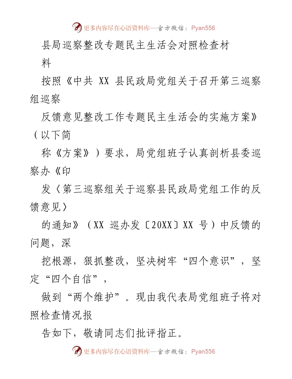 [发言] 巡察整改专题民主生活会 - 巡察反馈问题对照检查与整改汇报.docx_第1页