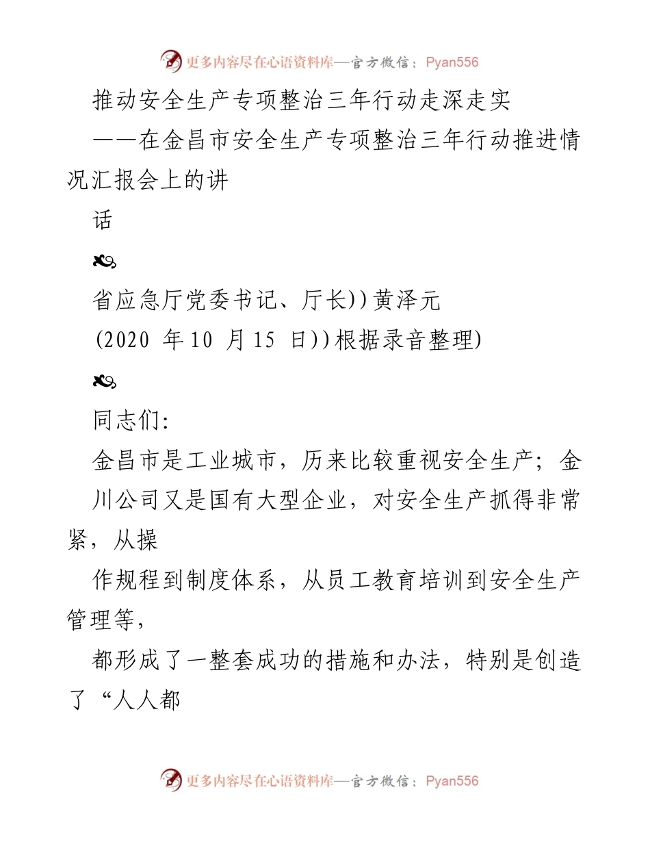 [发言] 安全生产专项整治三年行动推进情况汇报会 - 推动金昌市安全生产专项整治行动深入实施的建议.docx_第1页