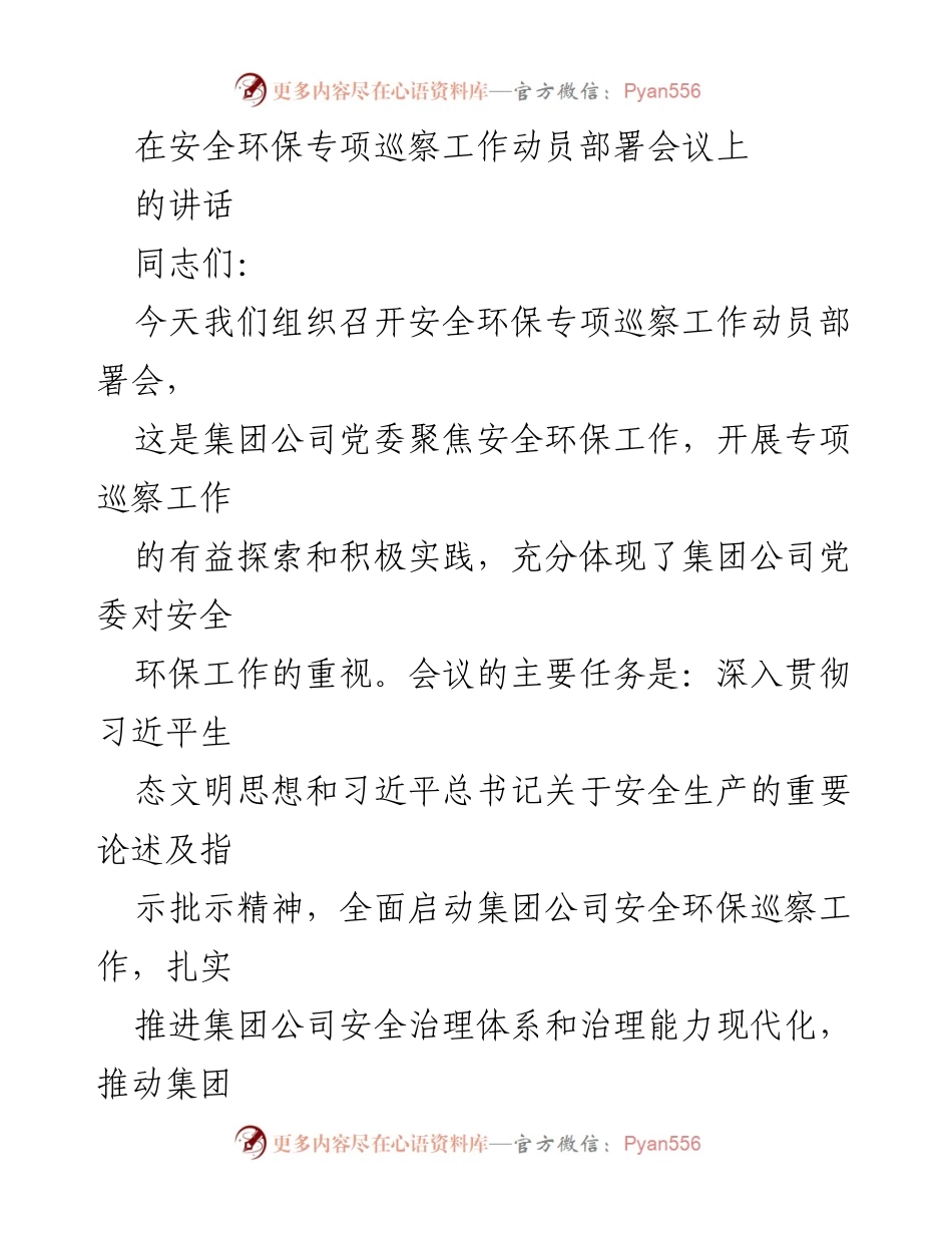 [发言] 安全环保专项巡察工作动员部署会议 - 加强安全环保巡察工作的重要性与实施策略.docx_第1页