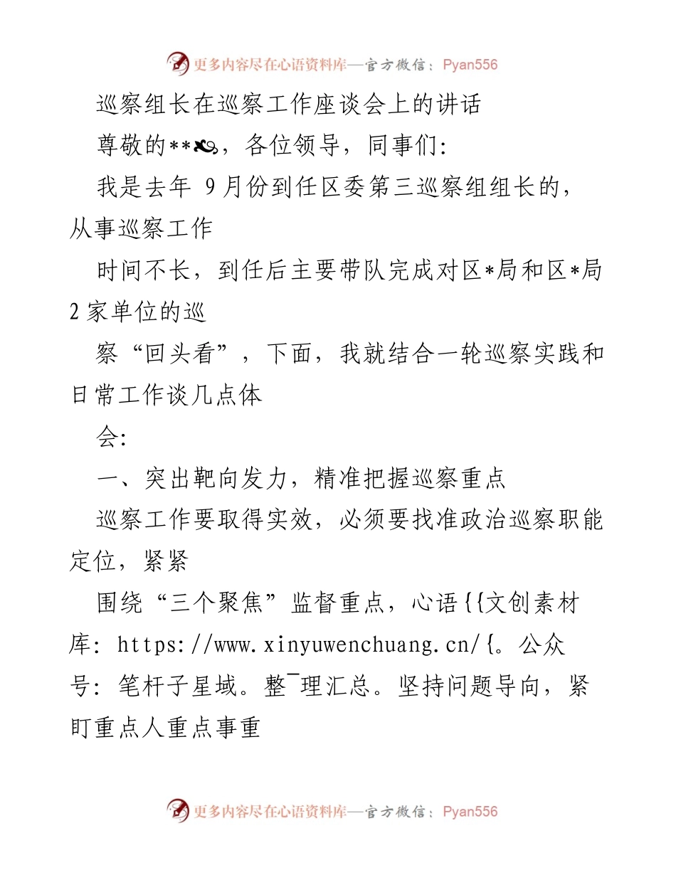 [发言] 巡察工作座谈会 - 巡察组长的工作体会与整改思路.docx_第1页