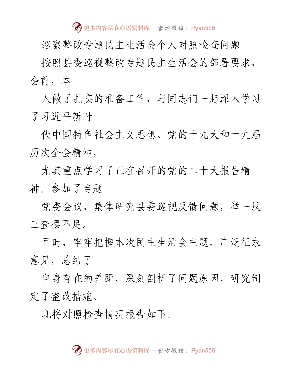 [发言] 巡察整改专题民主生活会 - 巡察整改个人对照检查与整改措施总结.docx_第1页