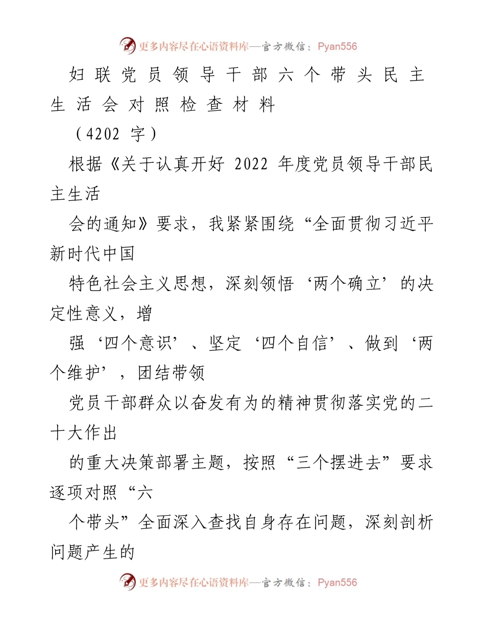 [发言] 妇联党员领导干部民主生活会 - 深入检视自身问题，增强理论学习与实践结合.docx_第1页