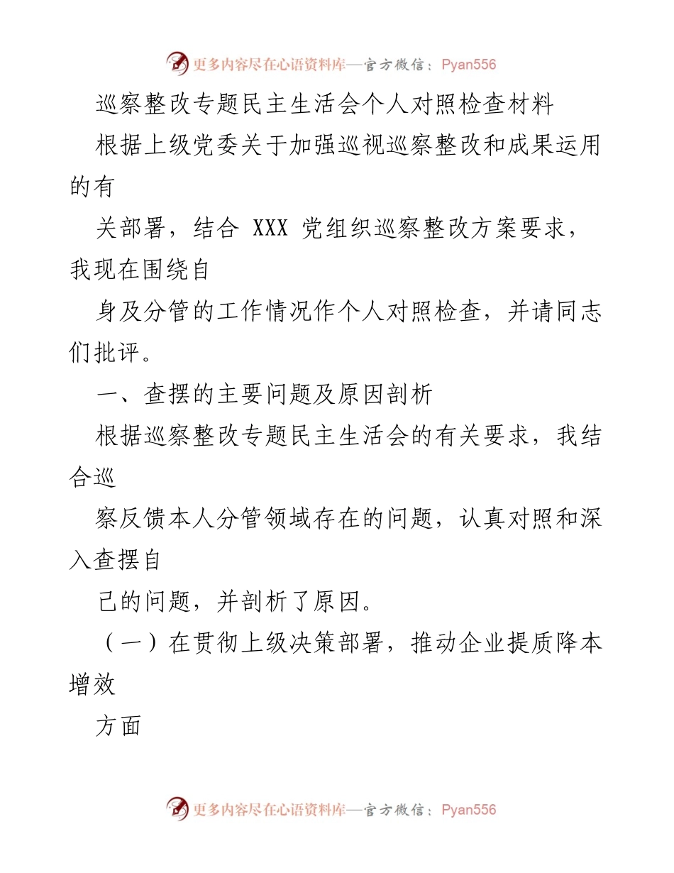 [发言] 巡察整改专题民主生活会 - 个人对照检查与问题剖析报告_1.docx_第1页