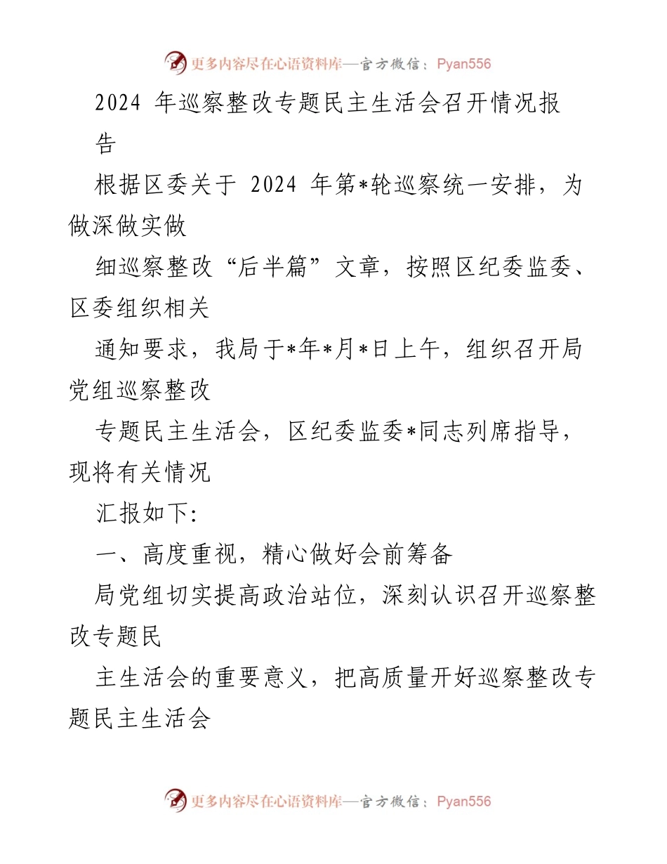 [发言] 巡察整改专题民主生活会 - 2024年巡察整改专题民主生活会召开情况汇报.docx_第1页