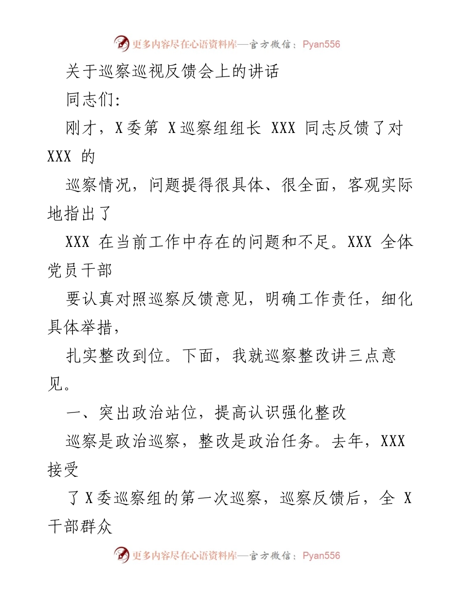[发言] 巡察巡视反馈会 - 强化政治责任，扎实推进巡察整改.docx_第1页