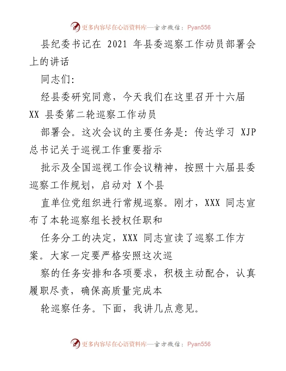 [发言] 巡察工作动员部署会 - 加强政治监督，确保巡察任务高质量完成.docx_第1页