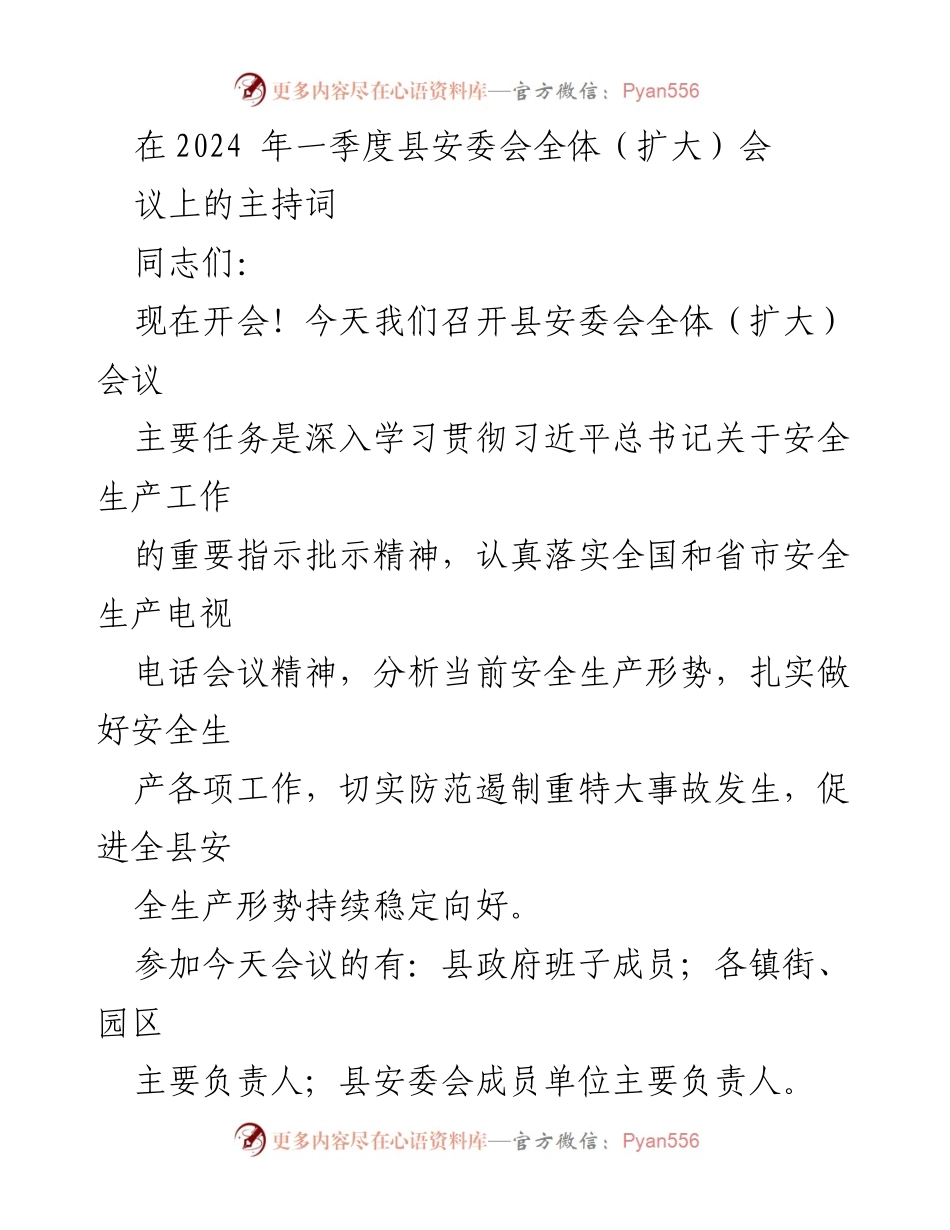 [发言] 安委会全体（扩大）会议 - 强化安全生产责任，确保全县安全形势稳定.docx_第1页