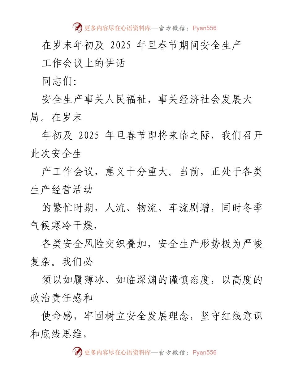 [发言] 安全生产工作会议 - 确保2025年春节期间安全生产的紧迫性与责任感.docx_第1页