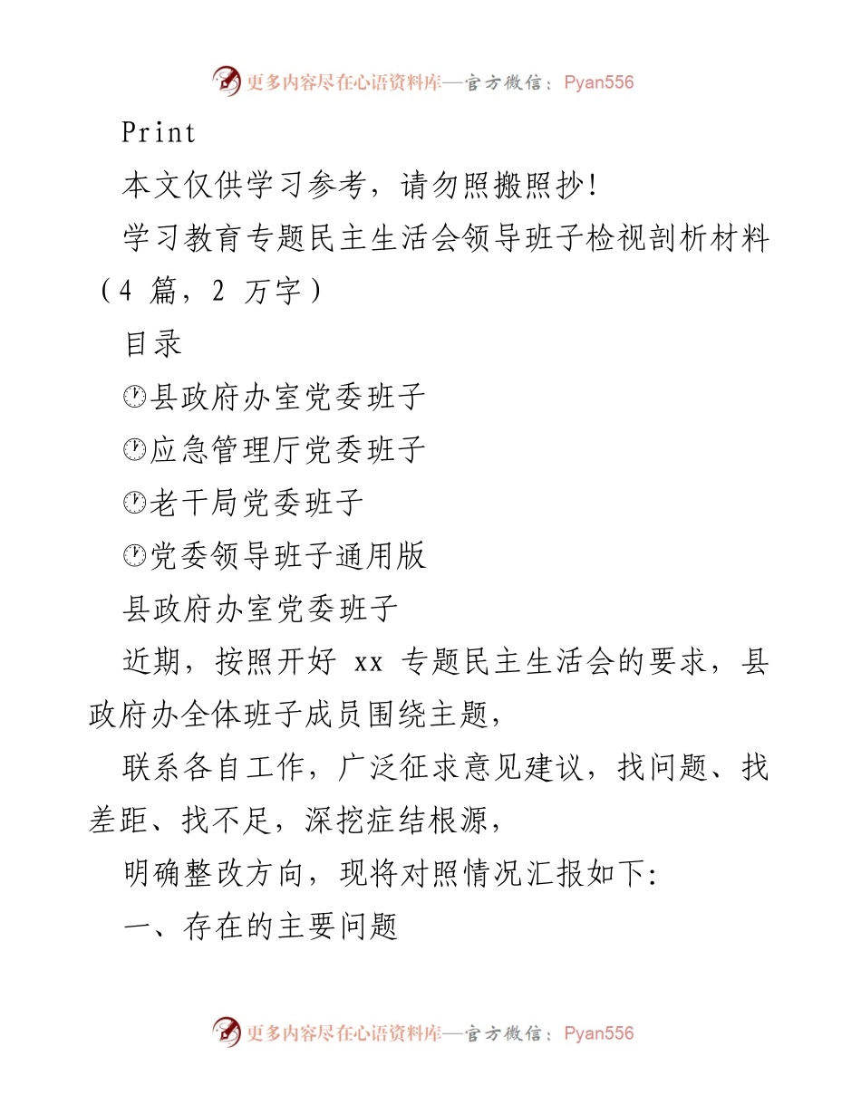 [发言] 学习教育专题民主生活会 - 领导班子检视剖析材料总结.docx_第1页