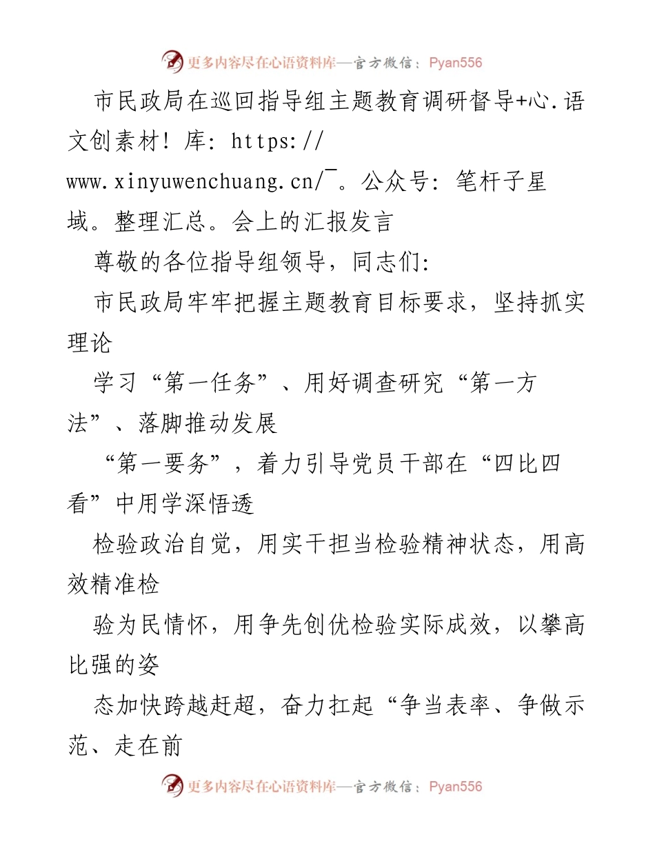 [发言] 巡回指导组主题教育调研督导会 - 市民政局主题教育工作汇报与实践探索.docx_第1页