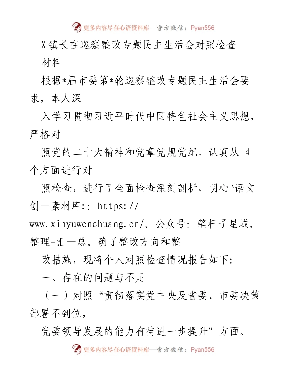 [发言] 巡察整改专题民主生活会 - X镇长巡察整改对照检查发言稿.docx_第1页