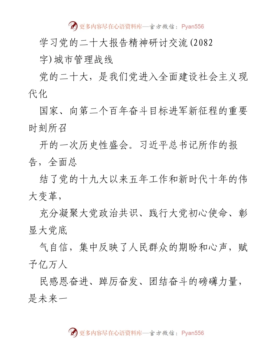 [发言] 学习研讨会 - 深入学习贯彻党的二十大报告精神，坚定城市管理战线的使命与责任.docx_第1页