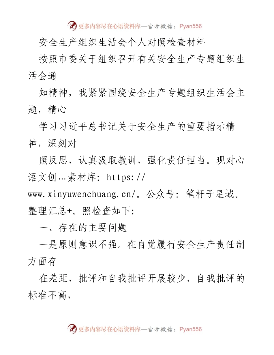 [发言] 安全生产组织生活会 - 安全生产责任与自我反思检查材料.docx_第1页
