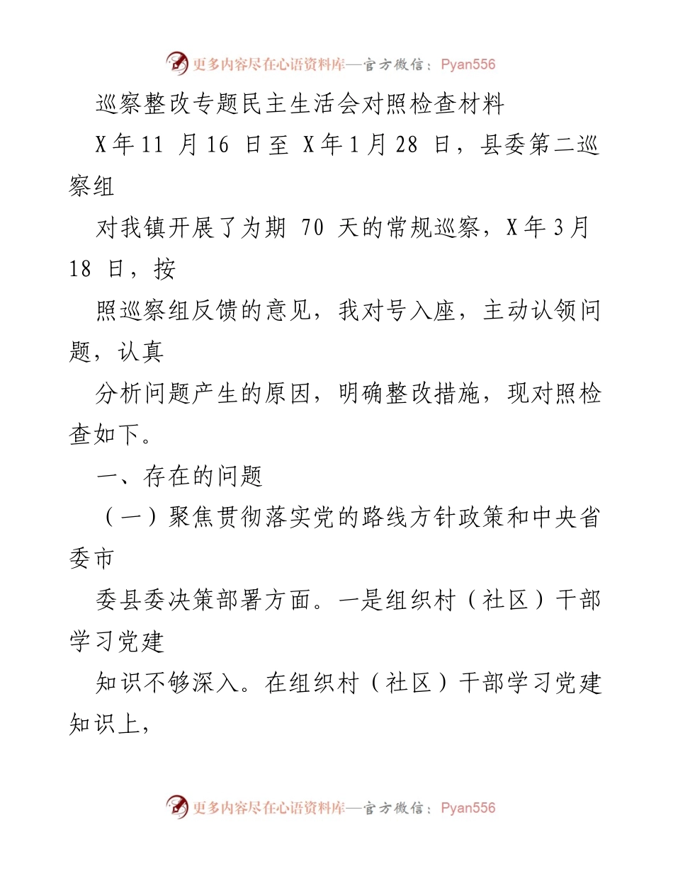 [发言] 巡察整改专题民主生活会 - 巡察反馈问题的对照检查与整改措施_1.docx_第1页