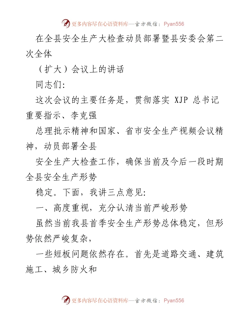 [发言] 安全生产大检查动员部署会议 - 强化安全生产意识，确保全县安全稳定.docx_第1页