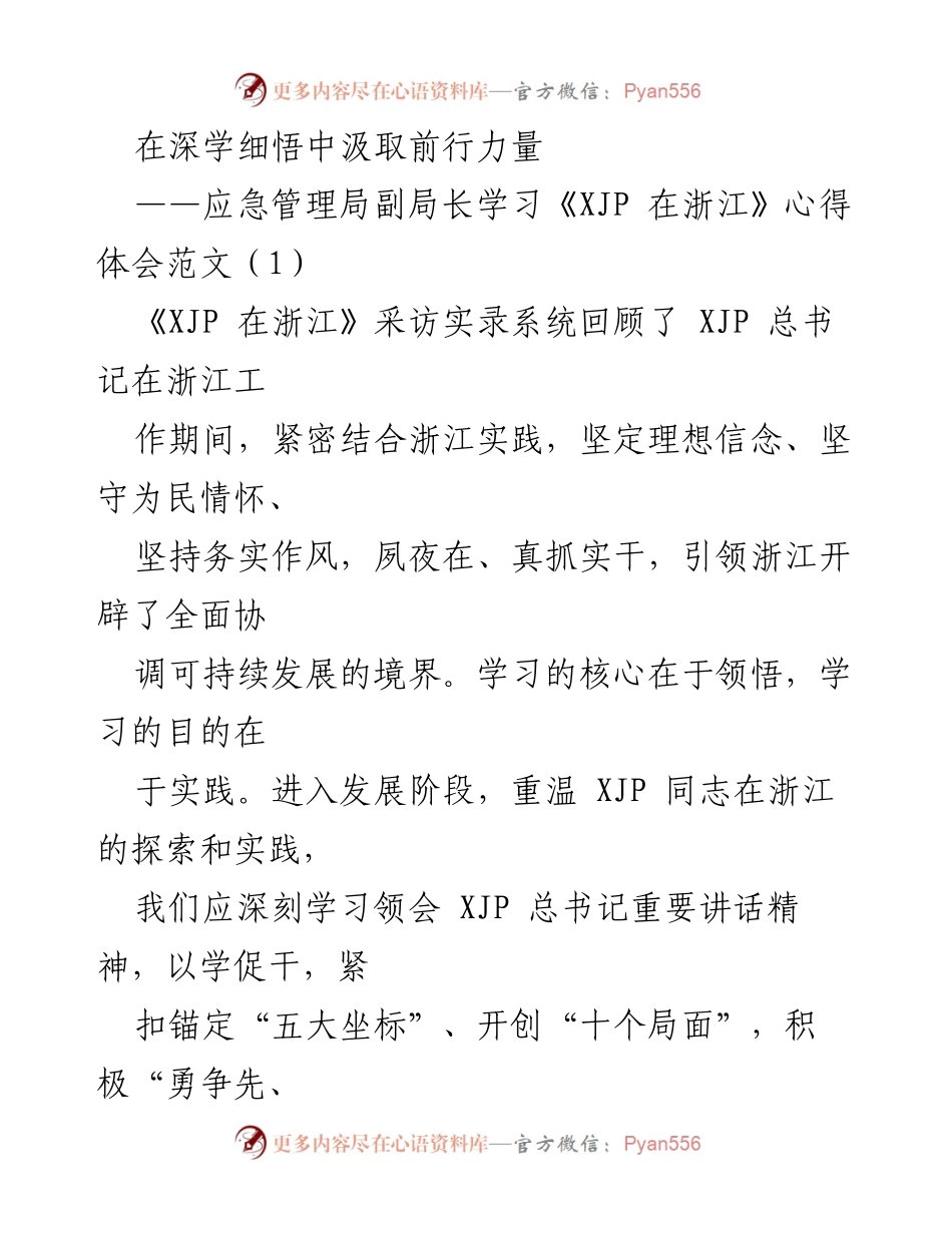 [发言] 学习心得分享 - 深学细悟，汲取前行力量：应急管理局副局长学习《XJP 在浙江》心得体会.docx_第1页