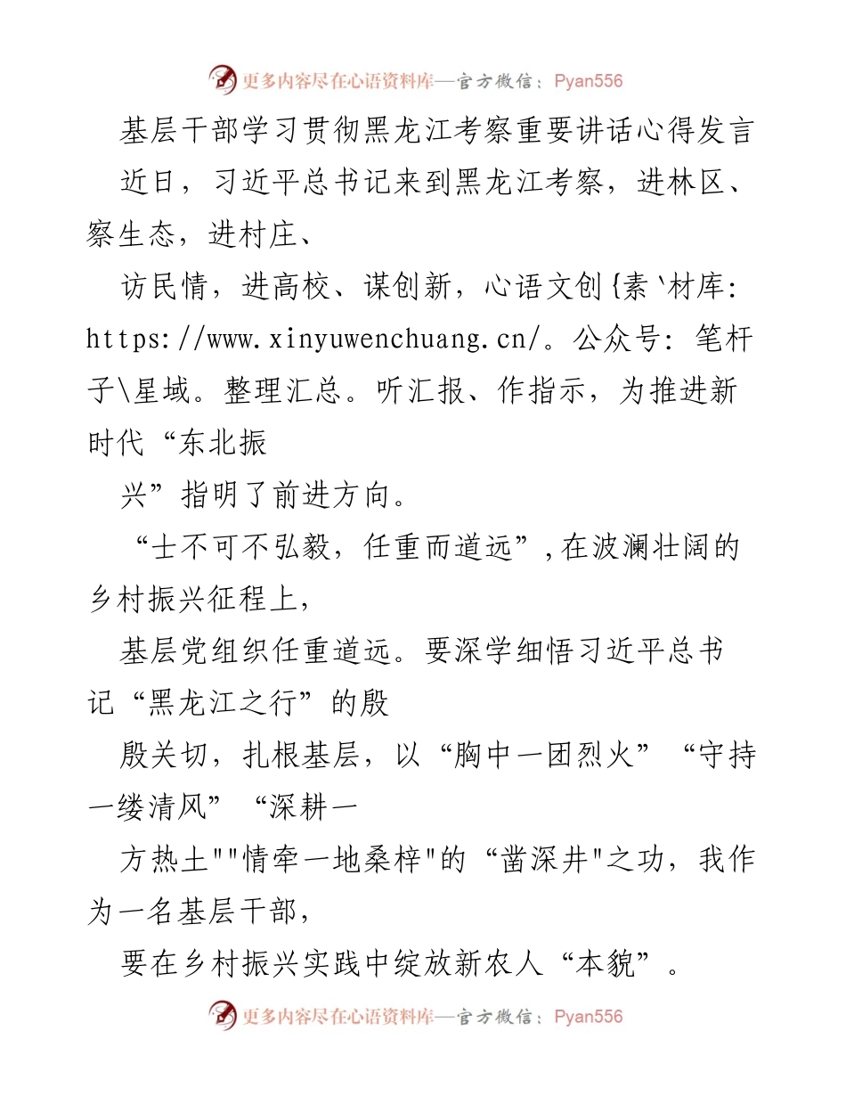 [发言] 学习贯彻 - 基层干部学习习近平总书记黑龙江考察重要讲话心得.docx_第1页