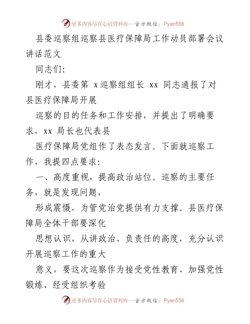 [发言] 巡察工作动员部署会议 - 加强巡察工作，推动医疗保障局整改落实.docx_第1页