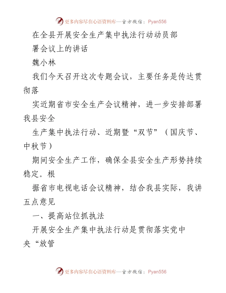 [发言] 安全生产集中执法动员部署会议 - 强化安全生产执法，确保“双节”期间安全稳定.docx_第1页