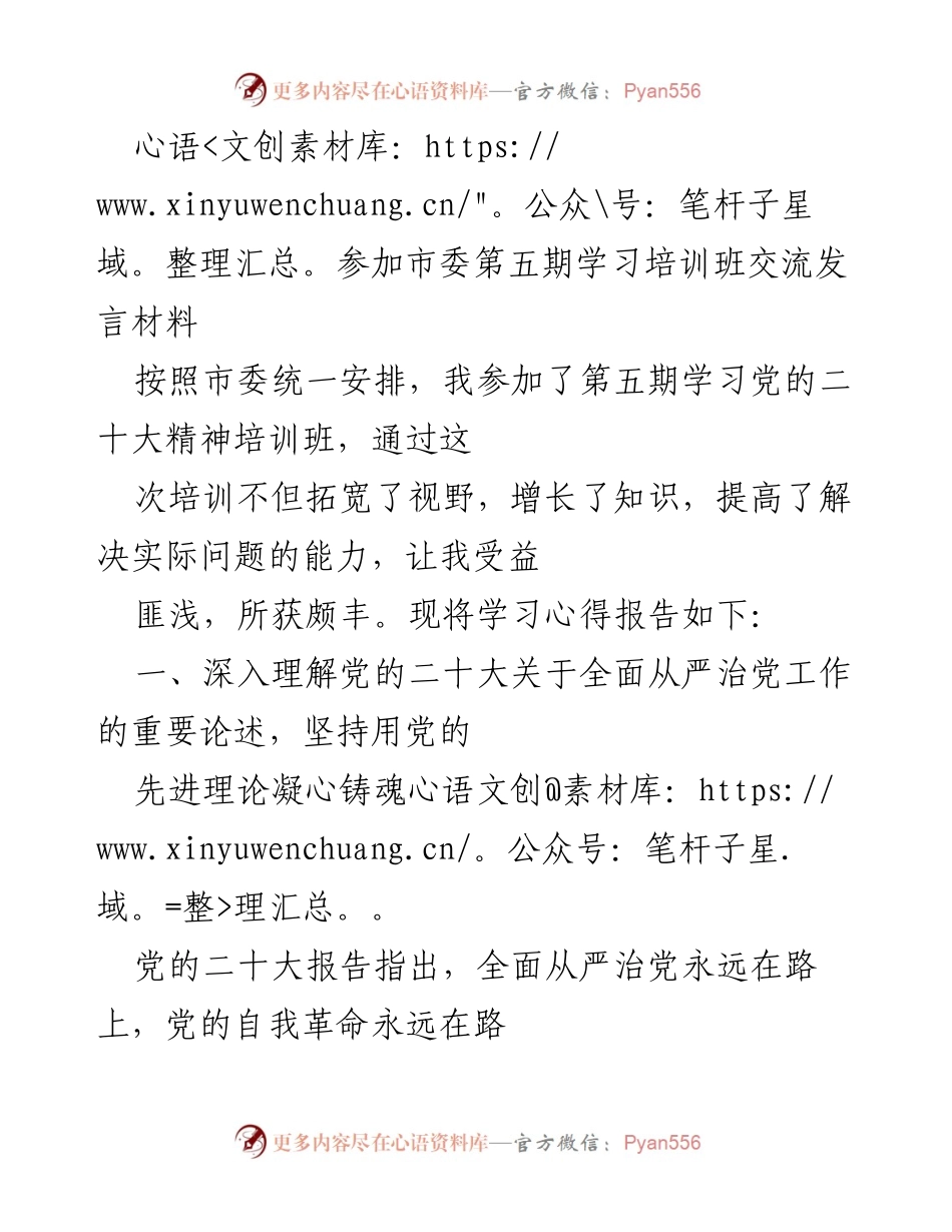 [发言] 学习培训班 - 深入学习贯彻党的二十大精神，推进全面从严治党.docx_第1页
