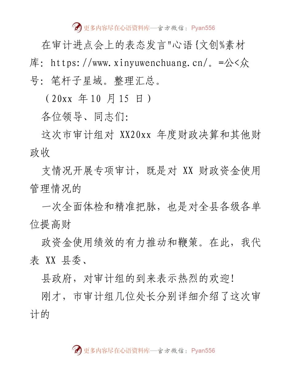 [发言] 审计进点会 - 加强财政审计，提升资金使用绩效_1.docx_第1页