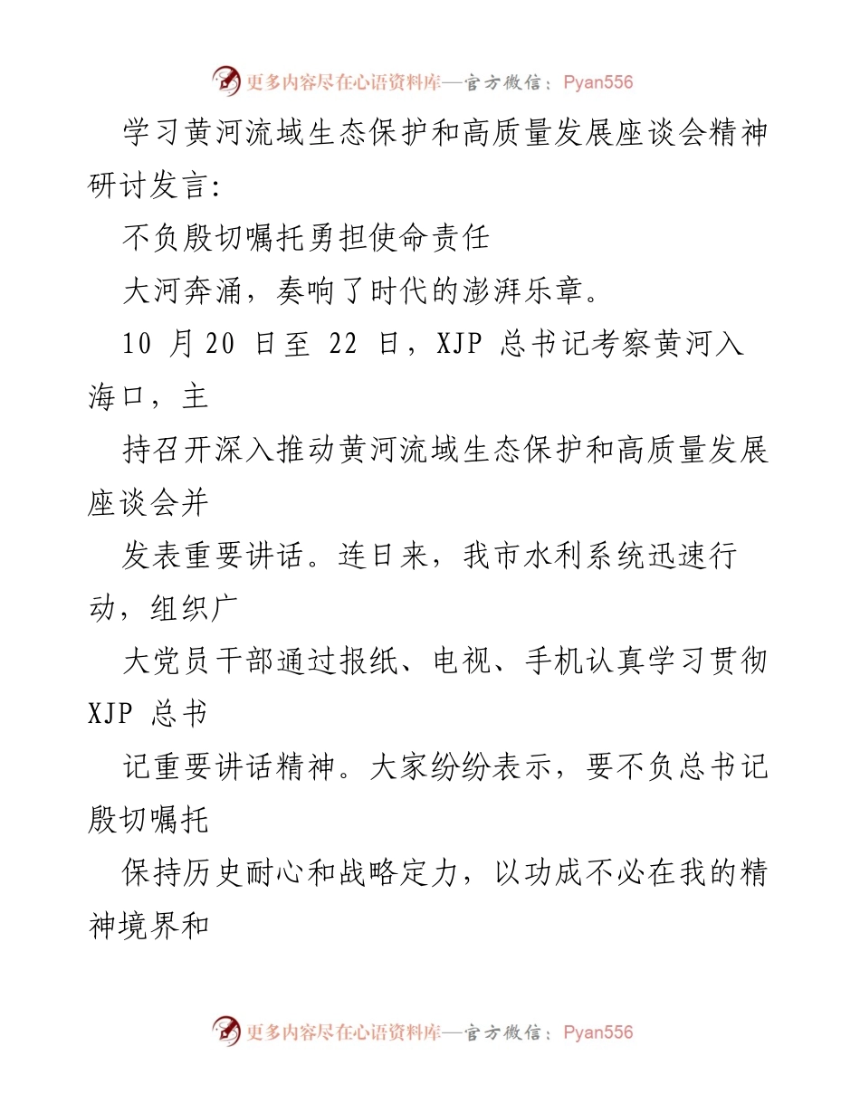 [发言] 学习座谈会 - 不负殷切嘱托，勇担使命责任：深入学习黄河流域生态保护与高质量发展精神.docx_第1页