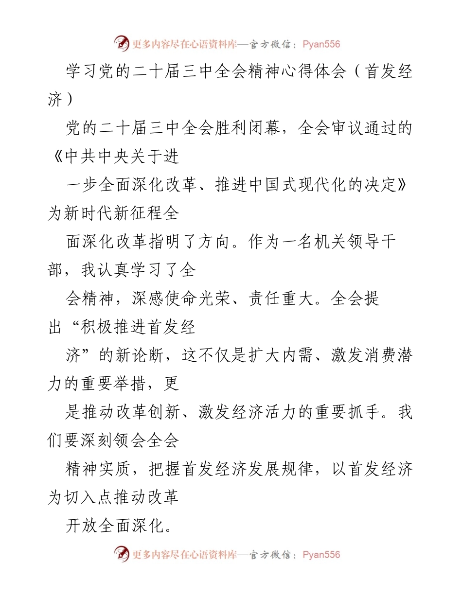 [发言] 学习党的二十届三中全会精神 - 深入理解首发经济的价值与发展策略.docx_第1页