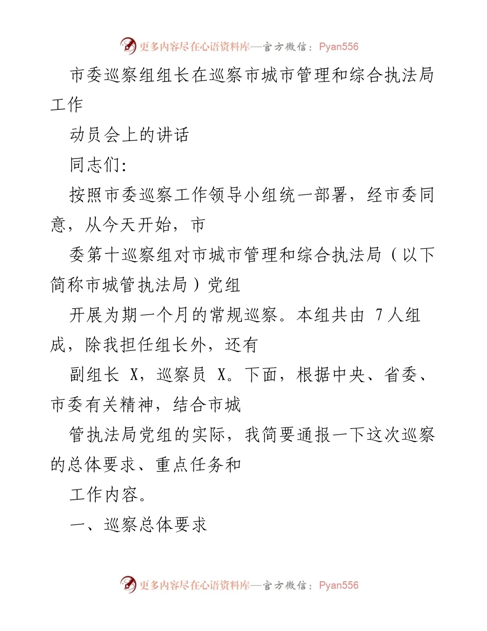 [发言] 巡察动员会 - 市委巡察组组长在市城管执法局巡察动员会上的讲话.docx_第1页