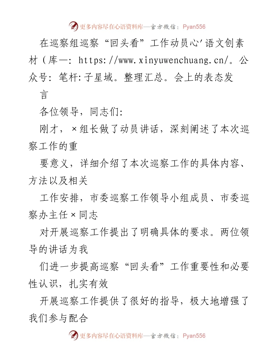 [发言] 巡察工作动员会 - 加强巡察“回头看”工作的表态发言.docx_第1页