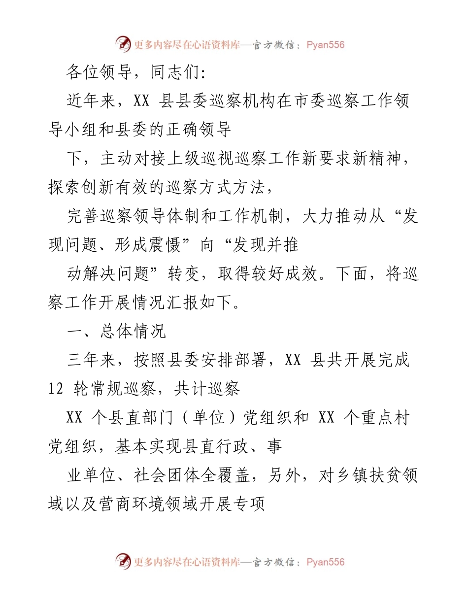 [发言] 巡察工作总结会议 - XX县巡察工作开展情况汇报.docx_第1页
