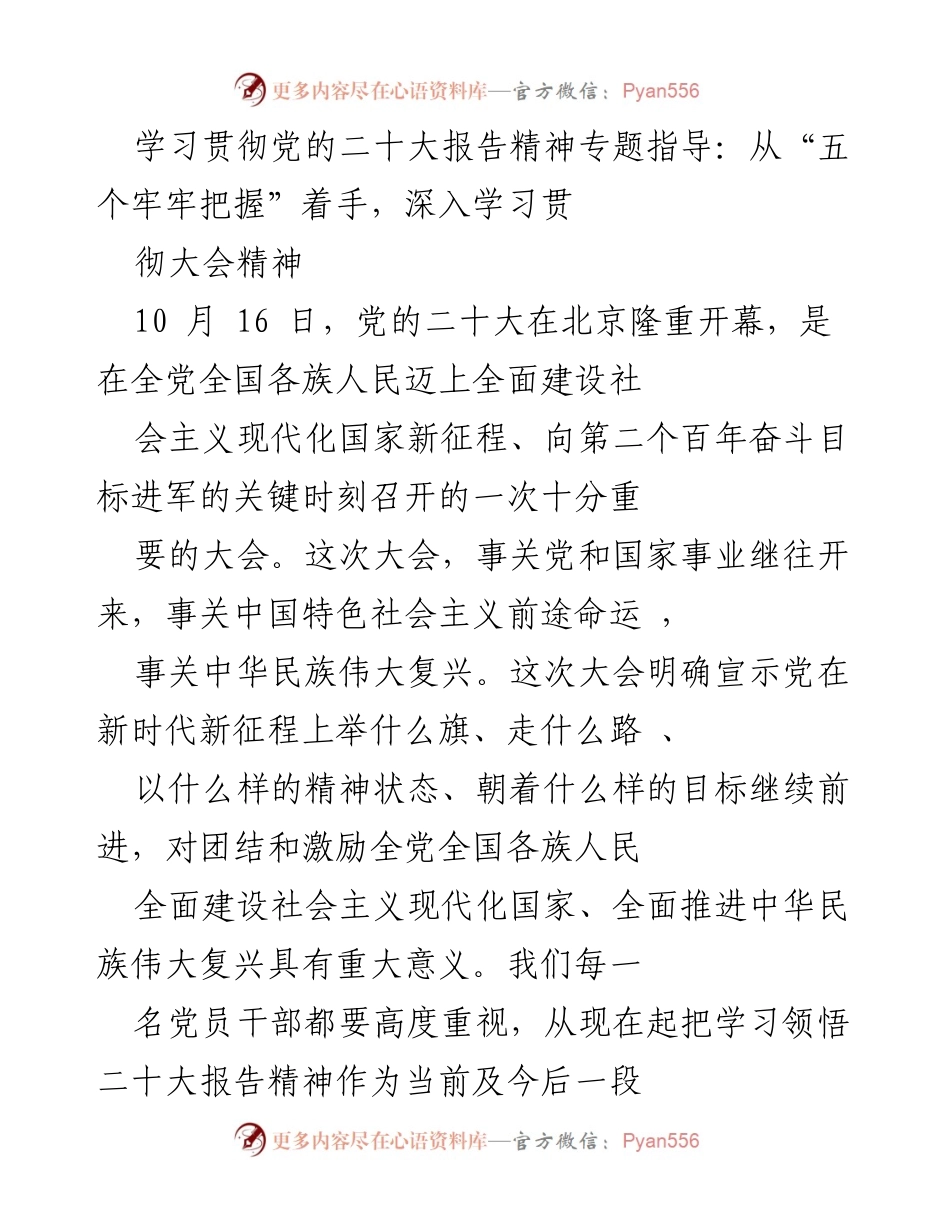 [发言] 学习贯彻党的二十大精神专题指导 - 深入领悟“五个牢牢把握”推动二十大精神落实.docx_第1页