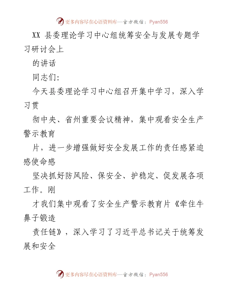 [发言] 学习研讨会 - 加强安全与发展统筹，推动高质量发展.docx_第1页