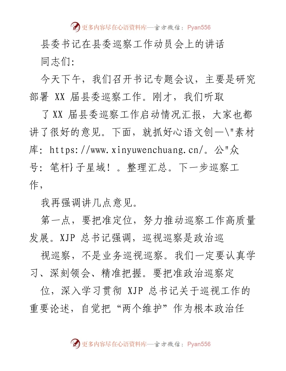 [发言] 巡察工作动员会 - 强化政治监督，推动巡察工作高质量发展.docx_第1页