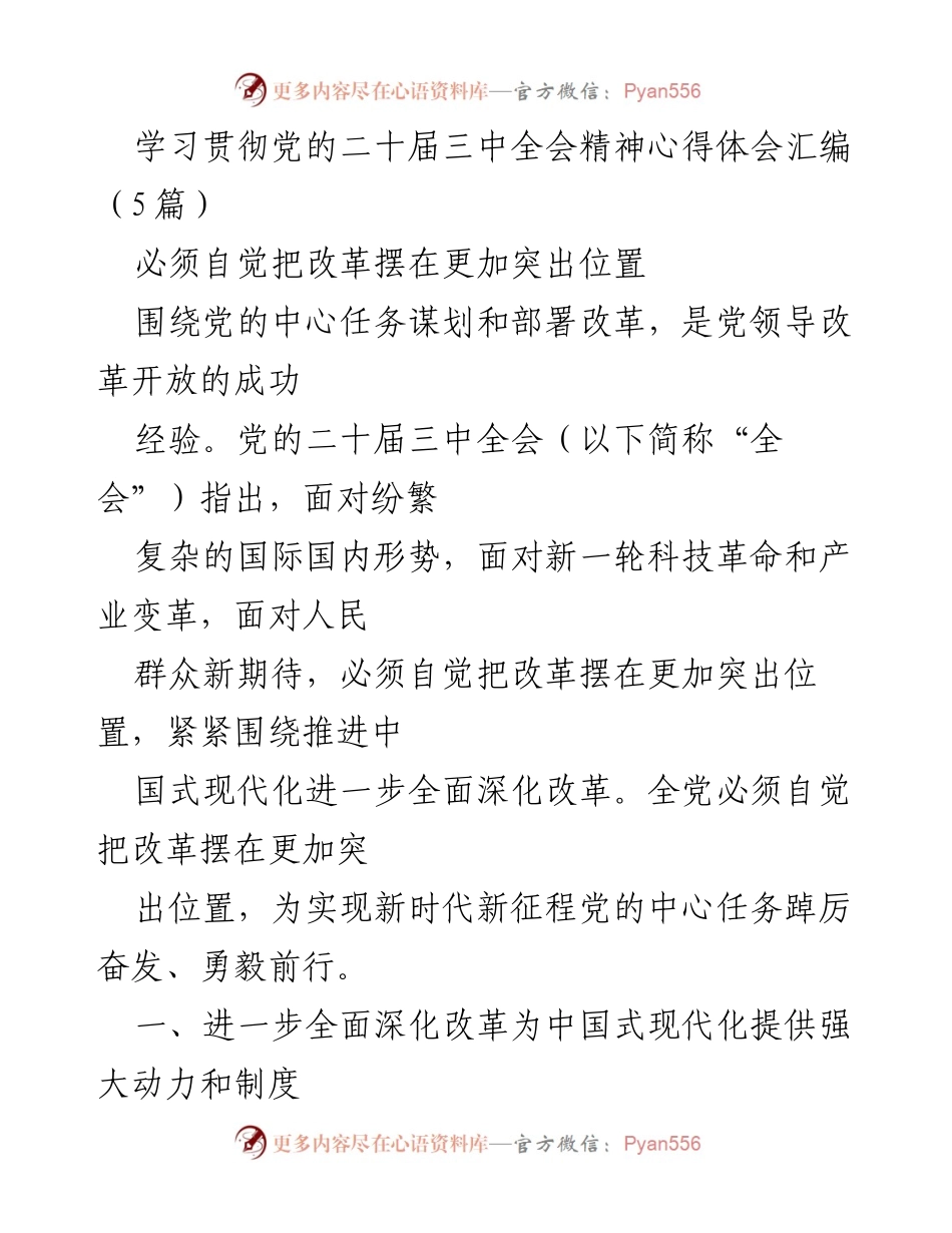 [发言] 学习贯彻党的二十届三中全会精神 - 深化改革为中国式现代化提供动力与保障.docx_第1页