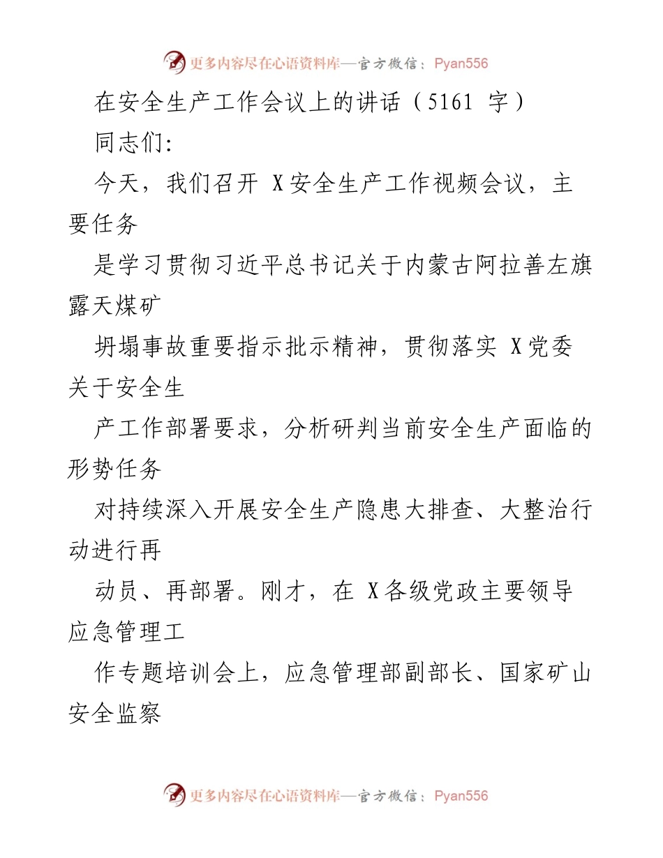 [发言] 安全生产工作会议 - 深入贯彻习近平总书记安全生产重要指示精神的讲话.docx_第1页