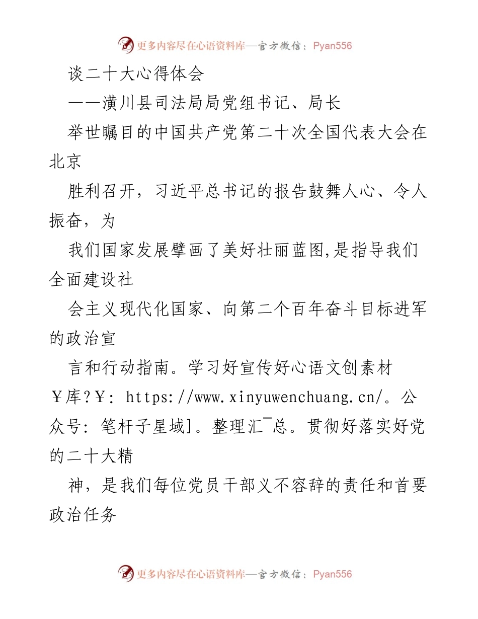 [发言] 学习宣传贯彻党的二十大精神 - 深入学习贯彻党的二十大精神，推动司法行政工作新发展.docx_第1页