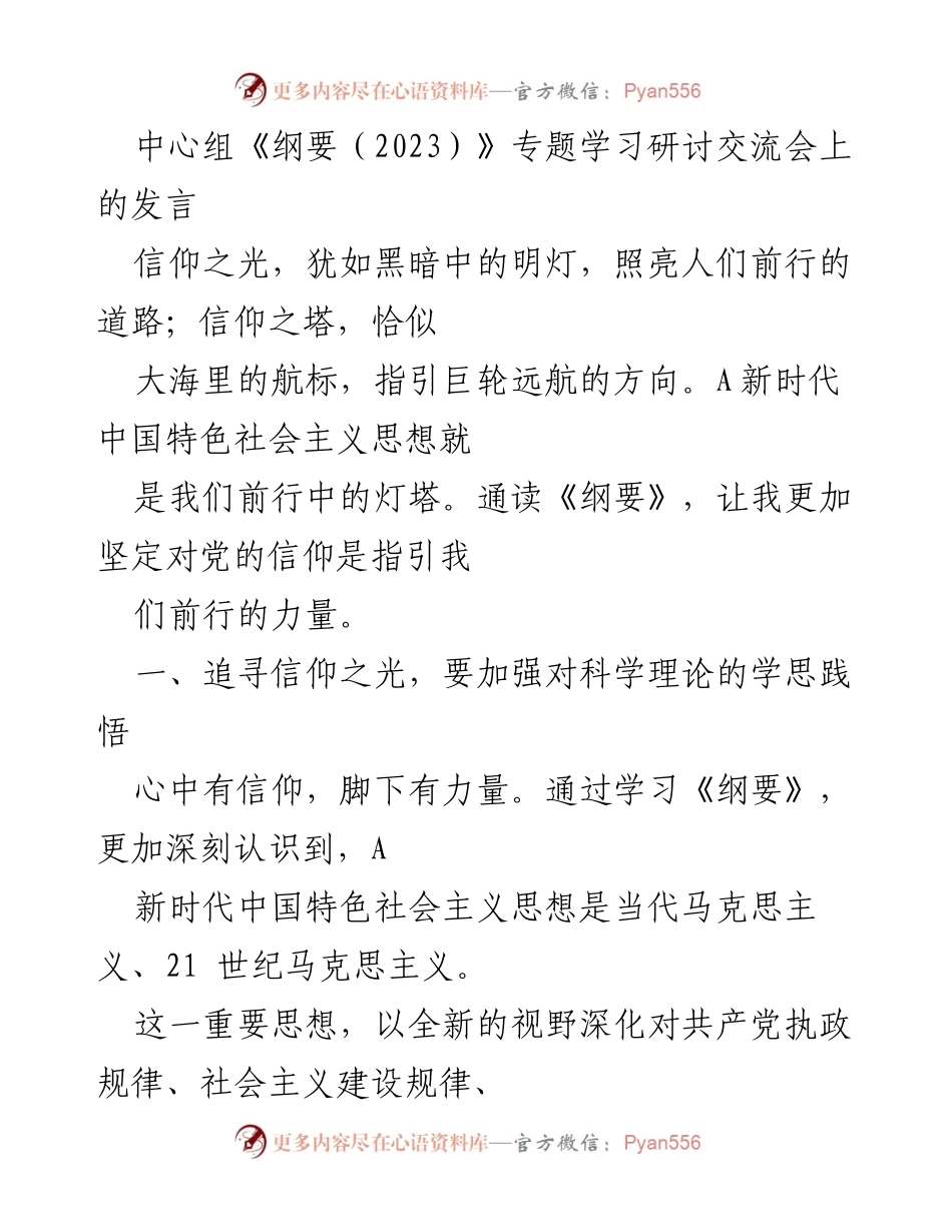 [发言] 学习研讨会 - 坚定信仰，推动新时代中国特色社会主义思想的深入实践.docx_第1页
