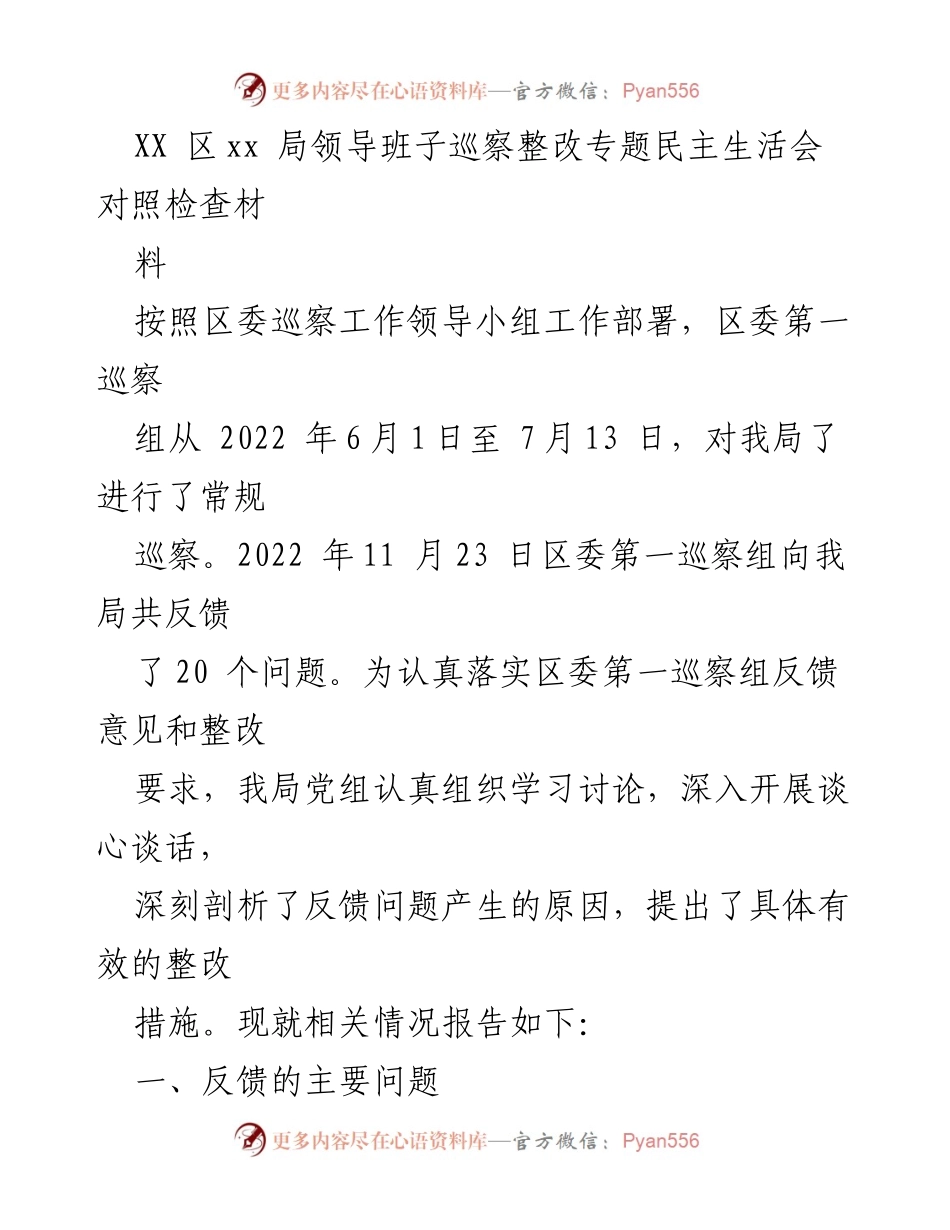 [发言] 巡察整改专题民主生活会 - XX局领导班子巡察整改情况汇报.docx_第1页