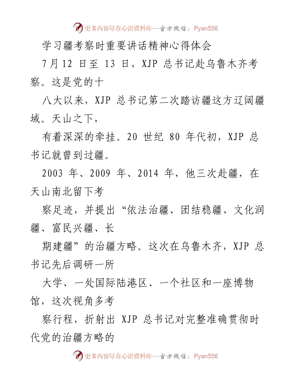 [发言] 学习交流会 - 学习习近平总书记乌鲁木齐考察讲话精神的心得体会.docx_第1页