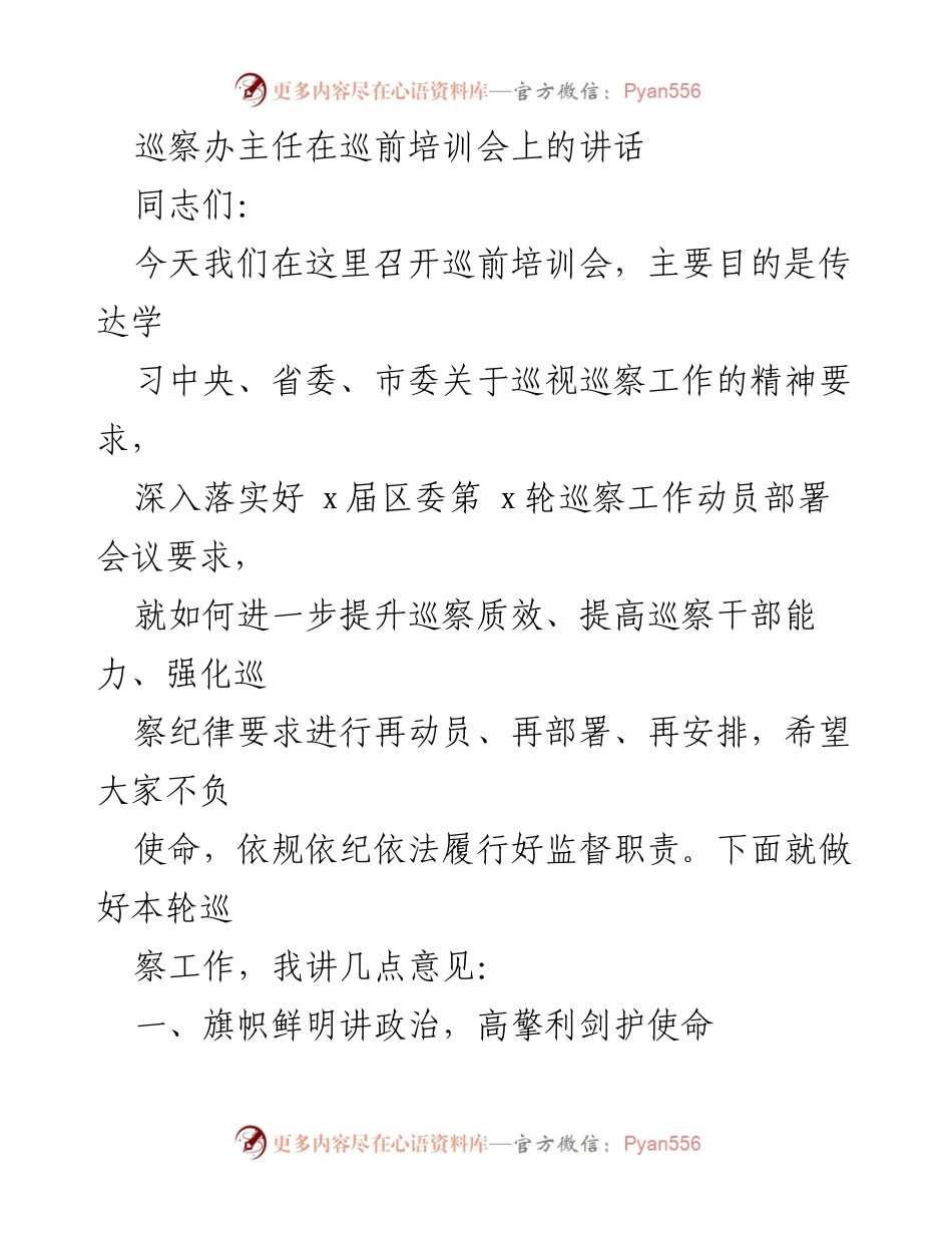 [发言] 巡前培训会 - 强化巡察工作，提高政治站位与责任落实.docx_第1页